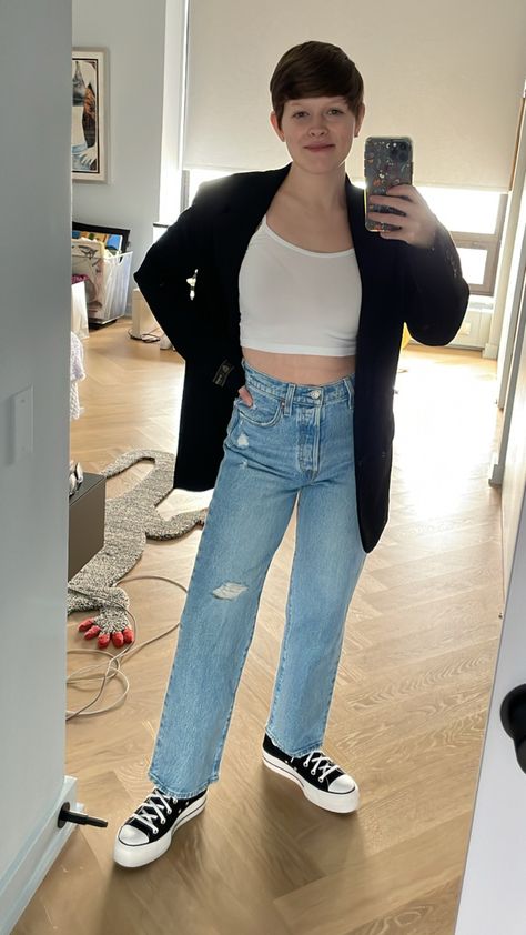 White scoopneck spaghetti strap cropped tank, black oversized blazer, light blue rip straight jeans, black hightop platform converse Platform Converse, Spring Fits, Oversized Blazer, Jeans Black, Crop Tank, Straight Jeans, High Tops, Spaghetti Strap, Scoop Neck