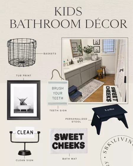 Kids Gender Neutral Bathroom, Toddler Boy Bathroom, Boy Bathroom Decor, Rustic Kids Bathroom, Gender Neutral Bathroom For Kids, Kids Farmhouse Bathroom, Neutral Kids Bathroom Ideas, Black And White Kids Bathroom, Boys Bathroom Ideas