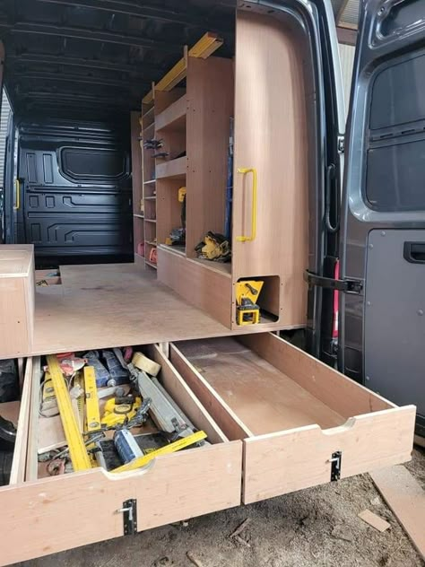 Tool Storage In Van, Construction Van Setup, Van Organization Construction, Work Van Pull Out Storage, Cargo Van Storage Ideas, Carpenter Van Setup, Van Tool Storage, Van Storage Ideas Tools, Work Van Organization Ideas