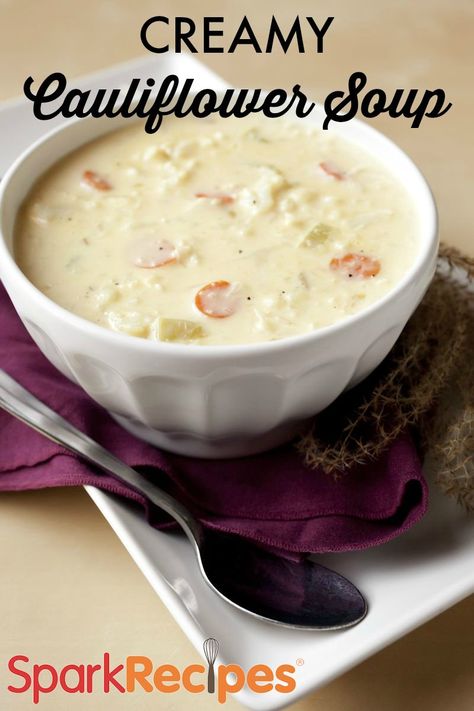 Cauliflower Soup! Can't wait to make this for fall! | via @SparkPeople #cauliflower #soup #healthy #recipe Wisconsin Cauliflower Soup, Cauliflower Cheese Soup, Soup Cauliflower, Cauliflower Soup Recipe, Frozen Cauliflower, Creamy Cauliflower Soup, Cheese Soup Recipes, Cauliflower Soup Recipes, Soup Healthy