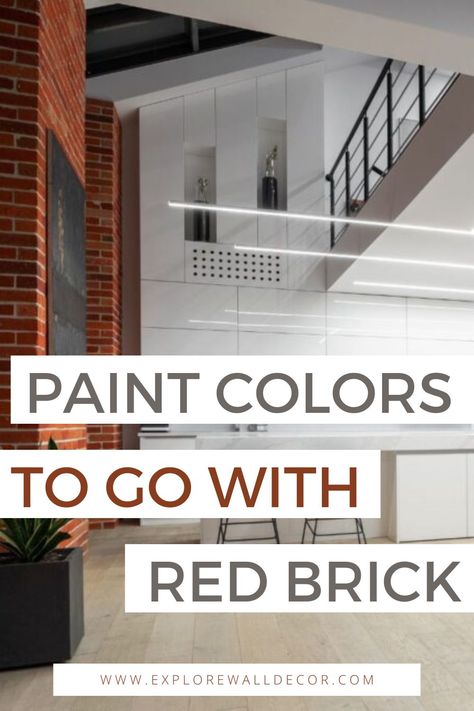 red brick wall; text that reads paint colors to go with red brick Brick Wall Color Ideas Living Room, Brick Wall Interior Color, Red Brick Wall Living Room Ideas, Paint Colors That Go With Red Brick Interior, Red Brick Interior Color Schemes, Wall Color With Red Brick Fireplace, Brick Wall Color Palette, Brick Wall Makeover, Red Brick Flooring