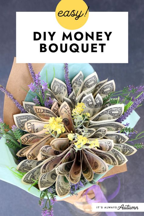 Easy! DIY money bouquet. Dollar Bill Flower Bouquet, Easy Money Gift Ideas, Graduation Bouquets Ideas, Diy Graduation Bouquet Ideas, Dance Recital Gifts Diy Ideas, Grad Present Ideas, How To Make Money Bouquet For Graduation, Dollar Roses Bouquet, Gift Basket Bows Diy