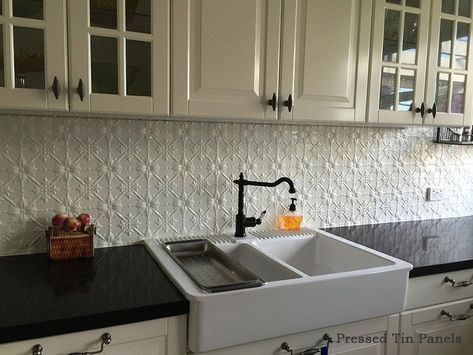 Modern Country Kitchen Splashback - Pressed Tin Panels Tin Tile Backsplash, Tin Backsplash Kitchen, Kitchen Wall Panels, Trendy Kitchen Tile, Modern Country Kitchens, Kitchen Splashback Tiles, Pressed Tin, Tin Kitchen, Tin Tiles