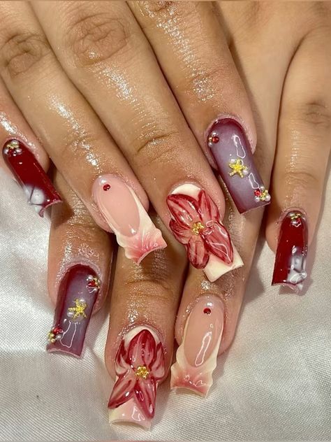 Red Flower Nails, Girly Acrylic, Grunge Nails, Girly Acrylic Nails, Really Cute Nails, Long Square Acrylic Nails, Unique Acrylic Nails, Bling Acrylic Nails, Nail Jewelry