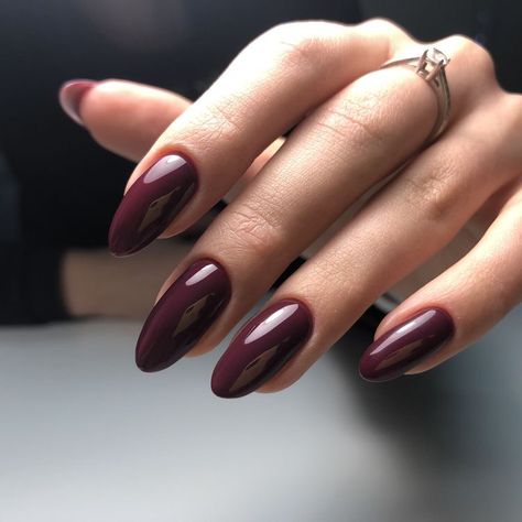 Almond Plum Nails, Short Almond Maroon Nails, Almond Wine Nails, Dark Nails Oval, Plum Almond Nails, Dark Oval Nails, Wine Almond Nails, Maroon Almond Nails, Dark Nail Colors