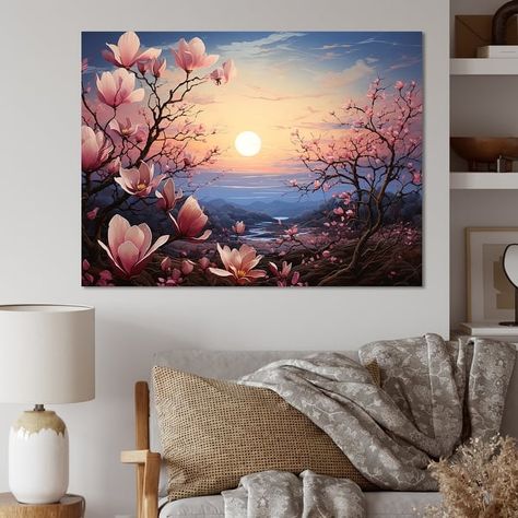 Designart "Pink Blue Magnolias Magnolia Meadow" Floral Wall Art Living Room - Bed Bath & Beyond - 39214827 Round Canvas, Abstract Art Inspiration, Canvas Painting Designs, Bed In Living Room, Art Idea, Painting Designs, Amazing Ideas, Diy Canvas Art Painting, Art Living Room