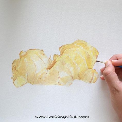 Ginger in watercolor Ginger Drawing, Ginger Painting, Leaving Cert Art, Colored Pencil Drawing Tutorial, Pencil Drawing Tutorial, Watercolor Vegetables, February Art, Fruit Crafts, Vegetable Painting