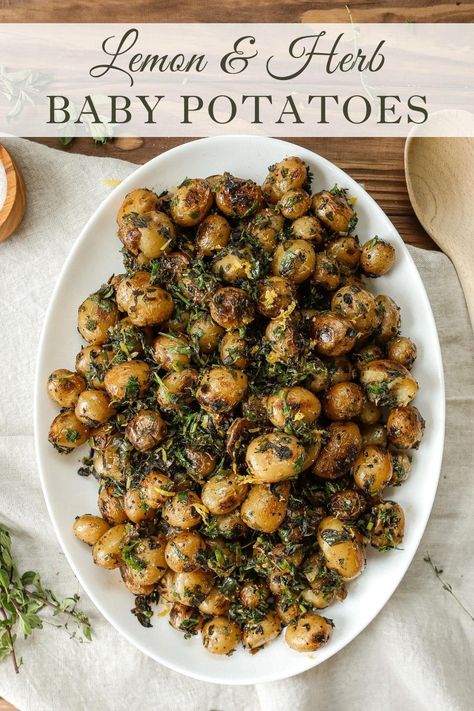 Lemon & Herb Baby Potatoes recipe Lemon Herb Potatoes, Herbed Butter For Turkey, Boiled Baby Potatoes, Baby Potato Recipes, Herb Turkey, Christmas Meal, Whole 30 Diet, Potato Sides, Lemon Herb