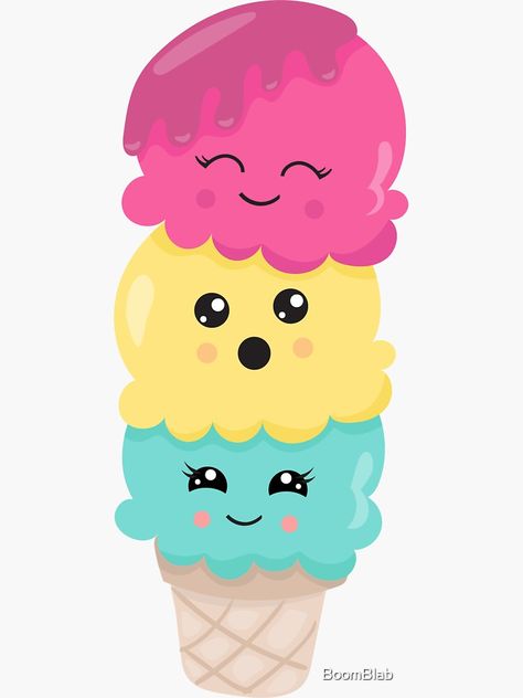 "Ice cream stack attack Kawaii happy ice cream!" Sticker by BoomBlab | Redbubble Ice Cream Cartoon Images, Ice Cream Cartoon Cute, Cute Ice Cream Drawings, Cute Ice Cream Drawing, Ice Cream Clip Art, Ice Cream Cone Drawing, Ice Cream Kawaii, Happy Ice, Cartoon Ice Cream