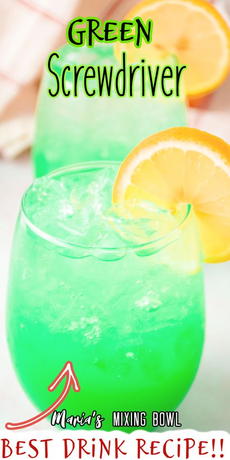 This Green Screwdriver is perfect for summer days, (or any day) and it's easy to make too! All you need is a few common ingredients and a little bit of time. Once you mix them all together in a shaker with some ice, you can enjoy this refreshing and simple adult beverage. Green Drinks Alcohol, Green Alcoholic Drinks, St Patty's Day Drinks, Green Punch Recipes, Screwdriver Cocktail, Green Cocktails, Alcohol Food, Green Drink Recipes, Green Alcohol