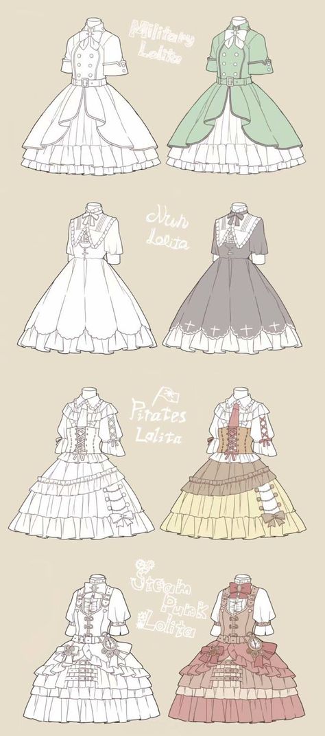 Creative and Inspiring Lolita Designs from @nanoka923 (credits to なななのか @nanoka923 from Twitter) Vintage Fashion Sketches, Painting Reference, Fashion Drawing Sketches, Dress Design Drawing, Clothing Design Sketches, Anime Inspired Outfits, Drawing Style, Drawing Anime Clothes, Dress Design Sketches