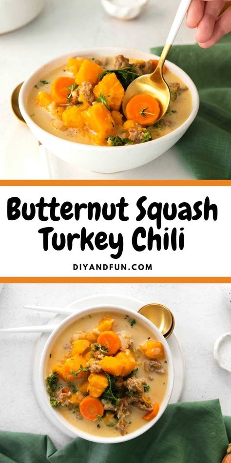 Creamy Butternut Squash and Turkey Chili. An easy and delicious chili recipe made with butternut squash and turkey. Vegan option. Turkey Squash Soup, Turkey Butternut Squash, Turkey Chili With Butternut Squash, Ground Turkey Butternut Squash Soup, Turkey Butternut Squash Chili, Butternut Squash Turkey Chili, Slow Cooker Butternut Squash Chili, Flavorful Chili Recipe, Squash Chili Recipe