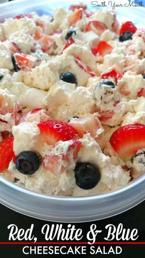 Red, White & Blue Cheesecake Salad! This berry cheesecake dessert is perfect for Memorial Day and 4th of July with strawberries, blueberries and cream cheese filling. 4th Of July Ambrosia Salad, Fourth Of July Appetizers For Party Easy, Memorial Day Cheesecake Desserts, 4th Of July Salads Ideas, Patriotic Food Ideas Fourth Of July, Fun 4th Of July Food Ideas, July 4th Food Desserts, July 4th Snacks, 4th Of July Food Dessert