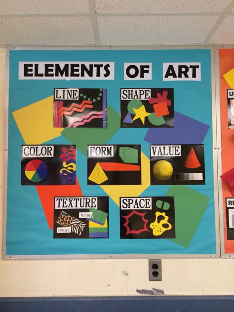 Posters For Art Classroom, Elements Of Art Classroom Display, Elements Of Art Display, Elements Of Art Bulletin Board, Art History Bulletin Boards, Art Room Classroom Decor, Middle School Art Bulletin Boards, Art Class Bulletin Boards Elementary, Art Teacher Classroom Decorations