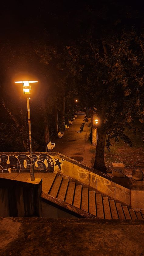 Red | lights | bench | park | night | trees | stairs | graffiti | art | photography | aesthetic | lantern | late | city Stairs Aesthetic Photography, Rock Club Aesthetic, Red City Aesthetic, Street Light Aesthetic, Miranda Aesthetic, Suburb Aesthetic, Street Lights Aesthetic, Uk Photoshoot, Art Photography Aesthetic