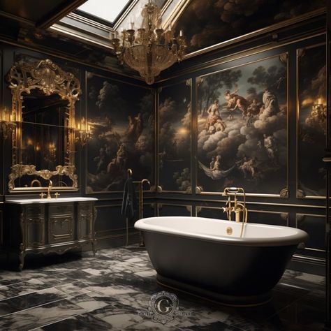 Vampire Bathroom, Modern Eclectic Bathroom, Gothic Bathroom Ideas, Dark Academia Interior, Modern Victorian Homes, Gothic Bathroom, Gothic Mansion, Diy Bathroom Design, Castle House Design