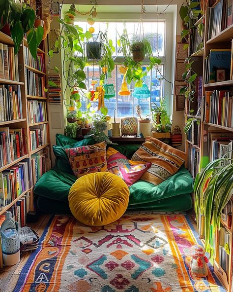 Bungalow Living Room Ideas Small Spaces, Quirky House Interiors, Feminine Maximalist Decor, Maximalist Decor Small Spaces Living Room, Kitschy Living Room, Apartment Book Nook, Maximalist Office Space, Maximalist Grandmacore, Maximalist Library