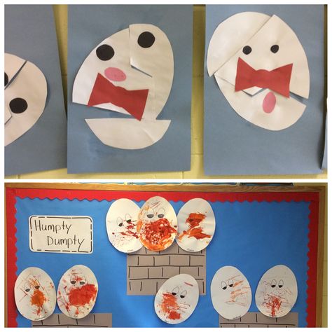 Humpty-Dumpty art.  One in a 3 year old class and the other in a 2's and 3's room.  We are doing nursery rhymes in the classroom now. Humpty Dumpty Art Preschool, Nursery Rhyme Science Preschool, Nursery Rhymes Arts And Crafts, Nursery Rhyme Eyfs Activities, Preschool Humpty Dumpty Craft, Nursery Rhyme Art Preschool, Pre K Nursery Rhymes Activities, Toddler Nursery Rhyme Activities, Nursery Rhymes Preschool Crafts Art Projects