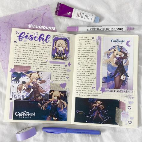 Genshin Impact Stationery, Character Scrapbook Ideas, Genshin Notes, Genshin Impact Journal, Genshin Journal, Character Scrapbook, Gaming Journal, Game Journal, Character Journal