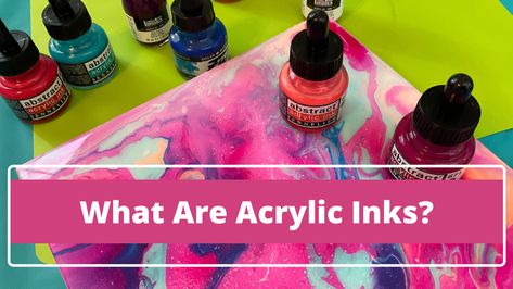 Acrylic ink abstract painting in pinks and blues surrounded by bottles of acrylic ink. Liquitex Acrylic Ink, Acrylic Ink Painting Tutorials, Acrylic Ink Painting, Fluid Background, Pouring Medium, Liquid Plastic, Acrylic Liquid, Ink Crafts, Liquid Watercolor