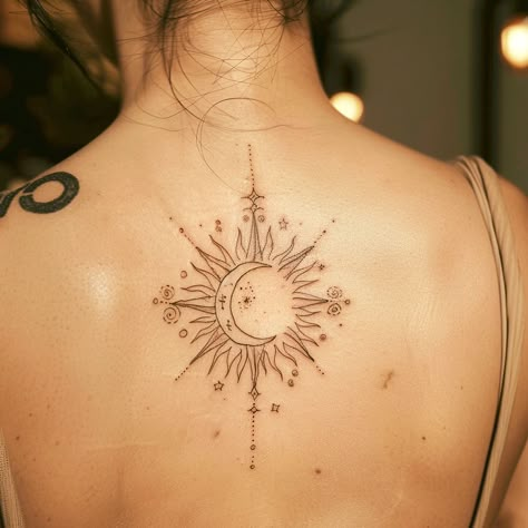 Sun and moon line work tattoo . . . . . #lineworktattoo #finelinetattoo #sunandmoontattoo #tattoo Sun Moon Line Tattoo, Sun And Moon Tattoo No Face, Sun And Moon Back Tattoo, Moon Arm Tattoo, Sun Tattoo Back, Sun And Moon Tattoo Ideas, Create Tattoo, Sun Moon Tattoo, Graphic Design Tattoos