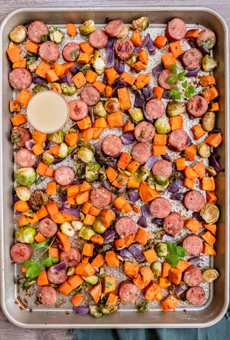 The perfect fall dinner that can be put together in minutes! Harvest Sheet Pan Dinner, Harvest Sheet Pan, Paleo Brussel Sprouts, Healthy Fall Dinner, One Pan Meal, Cubed Sweet Potatoes, Chicken Apple Sausage, Fall Mood, Mood Food