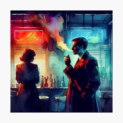 Get my art printed on awesome products. Support me at Redbubble #RBandME: https://www.redbubble.com/i/photographic-print/Neo-Noir-Vintage-Evening-Meeting-Watercolor-by-RESToRAPTOR/157379527.6Q0TX?asc=u Neo Noir Art, Classical Aesthetic, Streets Of Fire, Poster Reference, Neon Noir, Neo Classical, Neo Noir, Retro Comic, Male Art