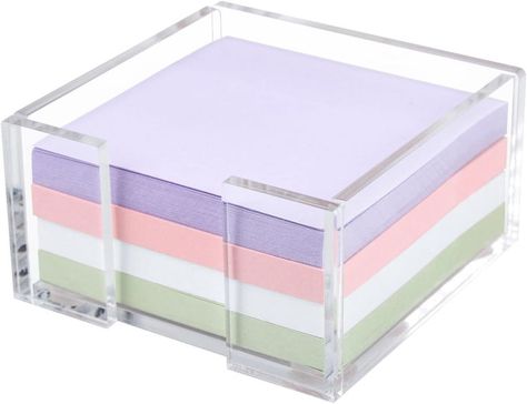 【Acrylic Sticky Note Holder】Crystal clear acrylic notepad holder is made of great quality industrial strength shatter resistant acrylic material. This ensures that your sticky note holder lasts many years. Comes with lifetime guarantee. Note: Acrylic sticky note holder is covered with a white protective film. 【Compact Size】The outer dimensions of the note pad holder are approximately 3.95''x 3.95''x 1.75''. Fits for any 3 x 3 inch post it notes Dorm Desk Organization, Acrylic Desk Accessories, Office Desk Organizer, Sticky Note Holder, Dorm Desk, Note Pad Holder, Clear Desk, Organized Desk Drawers, Desk Organization Office