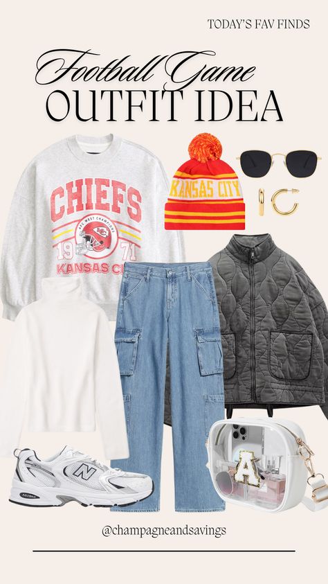 Need an NFL game day outfit for a woman? Then this football game or tailgate outfit idea is for you! Love this casual outfit that has sporty fashion elements. The sweatshirt and beanie come in all the other team options too! Love it paired with the wide leg cargo jeans, clear stadium bag, and quilted jacket. Follow for more women's fashion and outfit ideas! Thanksgiving Football Game Outfit, Game Day Work Outfit, Chilly Football Game Outfit, Game Outfits For Women Football, Leather Pants Game Day Outfit, Nfl Game Day Outfit Woman Fall, Cute Nfl Gameday Outfits, Nfl Outfit Ideas Woman Winter, Outfits To Wear To A Basketball Game