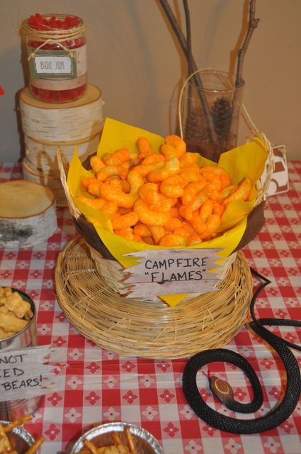 Campfire "Flames" Cheese Curls | Camping Party Ideas | Pretty My Party Campout Party, Camping Theme Birthday Party, Campfire Party, Camping Theme Birthday, Glamping Party, Camping Snacks, Indoor Camping, Bonfire Party, Camping Theme Party