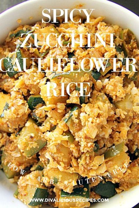 Spicy Zucchini Cauliflower Rice  #cauliflower #keto #lowcarb #glutenfree #vegetarian Cauliflower Rice And Zucchini Recipes, Cauliflower And Zucchini Recipes, Riced Cauliflower Recipes, Spicy Zucchini, Cauliflower Rice Recipe, Spicy Cauliflower, Cauliflower Rice Recipes, Rice Recipes For Dinner, Low Carb Side Dishes