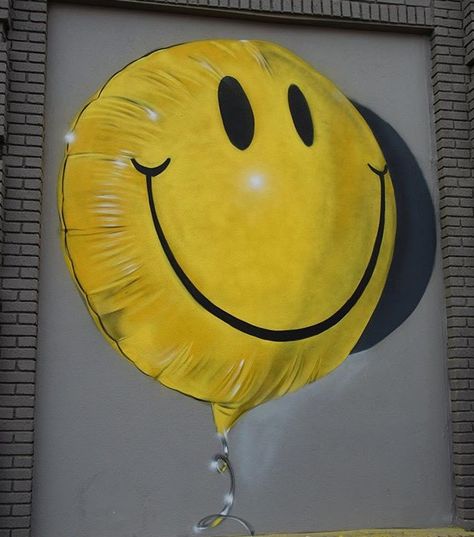 by Fanakapan in Worcester, Massachusetts, 8/16 (where the smiley face icon originated in 1963, LP) Smiley Face Balloon Tattoo, Foil Balloon Painting, Ballon Painting, Smiley Face Balloon, Ballon Drawing, Smiley Face Icons, Hatch Drawing, Balloon Face, Ceiling Paint