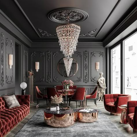 BRABBU: Marvelous black and red luxurious livin ... Modern Neoclassical Interior, بيوت ملكية, Neoclassical Interior Design, Modern Classic Living Room, Neoclassical Interior, Living Room Red, Classic Interior Design, Classic Living Room, Room Deco