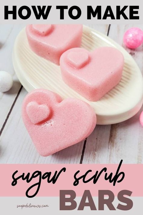 How to Make Sugar Scrub Soap Bars with Essential Oils. Get glowing skin with these easy solid sugar scrub bars. A simple winter skin care recipe to exfoliate and moisture dry skin. It's easy to make DIY sugar scrub soap bars with this recipe for beginners. Even if you've never made melt and pour soap before, you can easily make this winter skin care product at home. Like regular sugar scrubs, they exfoliate and moisturize skin but without feeling greasy or oily. Diy Sugar Scrub Bars, Make Sugar Scrub, Sugar Scrub Bars, Scrub Bars, Scrub Soap Bars, Easy Sugar Scrub, Emulsified Sugar Scrub, Sugar Scrub Homemade, Sugar Scrub Recipe