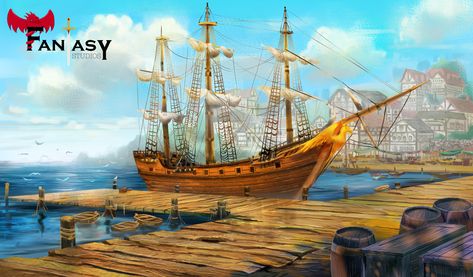 "Docks" background art for an otome visual novel by Fantasy Studios Ship Dock Concept Art, Medieval Army, Fantasy Ocean, Background Ideas, Background Art, Environment Concept Art, Art References, Visual Novel, Anime Background