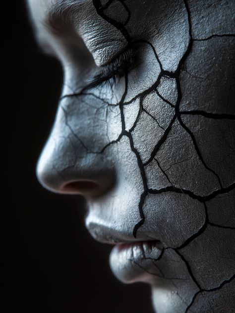 Cracked Serenity: The Fragility of Human Emotion Fragility Art, Dark Female Art, Disassociate Art, Broken Face, Identity Photography, Distortion Photography, Kintsugi Art, Face Profile, Photo To Art