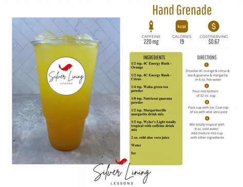 Hand Grenade – Silver Lining Lessons Instant Tea Powder, Silver Lining Lessons, Kiwi Drink, Boosted Tea, Margarita Mix Drinks, Aloe Vera Juice Drink, Guarana Powder, Tea Blends Recipes, Energy Tea Recipes