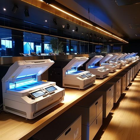 Modern Copier Room: A sleek, modern office copier room lined with advanced photocopy machines under ambient lighting. #office #technology #modern #copiers #machines #printing #equipment #business #aiart #aiphoto #stockcake https://ayr.app/l/U3zP Photocopy Machine, Office Technology, Contemporary Office Space, Lighting Office, Space Outfit, Contemporary Office, Modern Office, Ambient Lighting, Office Space