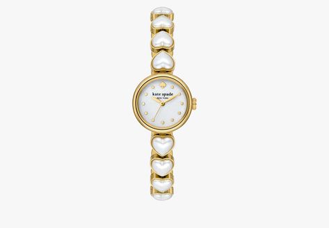 Monroe Heart Pearl Bracelet Watch | Kate Spade New York Cute Gold Watch, Thrifting Jewelry, Heart Pearl Bracelet, Jewellery Watch, Anastasia Grey, Pearl Watch, Vintage Gold Bracelet, Kate Spade Watch, Heart Watch