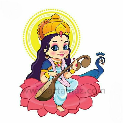 Laxmiji Drawing, Amman Drawings Easy, Cute Saraswati Drawing, Saraswati Cartoon, Saraswati Goddess Paintings Easy, Swarasati Maa Drawing, Cute Saraswati Goddess, Durga Mata Drawing Easy, Sarswati Maa Drawing Easy