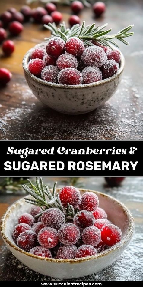 Add a frosty, sparkling touch to your holiday dishes with these Sugared Cranberries & Sugared Rosemary—perfect for decorating or snacking! Sugared Rosemary, Holiday Dishes, Sugared Cranberries, Dessert Spread, Holiday Desserts, Simple Syrup, Creative Food, Sweet Snacks, Christmas Desserts