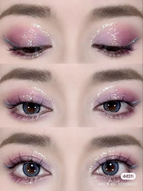 Mauve Douyin Makeup, Pink And Purple Douyin Makeup, Pink Mauve Makeup, Aesthetic Birthday Makeup, Barbie Douyin Makeup, Barbie Makeup Asian, Korean Barbie Makeup, Douyin Mermaid Makeup, Purple Sparkle Makeup