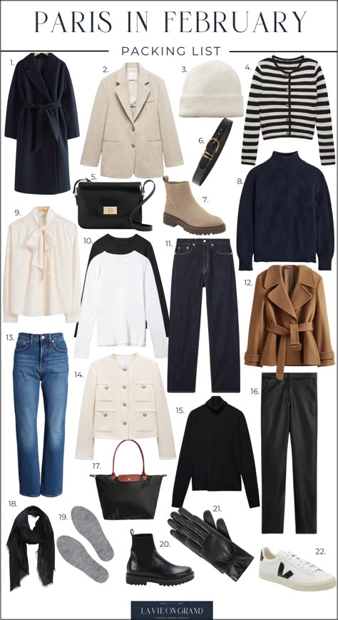 Graphic of 22 items to pack for Paris in February What To Pack Europe Winter, What To Pack For Berlin Winter, Italy Winter Packing List, February In Paris Outfit, France Fall Fashion, 4 Days In Paris Outfits, February In London, How To Pack For Europe In Winter, Winter Style Paris