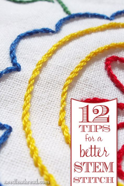 12 Tips for a Better Stem Stitch! – NeedlenThread.com Stem Stitch, Embroidery Tips, Basic Embroidery Stitches, Embroidery Stitches Tutorial, Brazilian Embroidery, Sewing Stitches, Crewel Embroidery, Hand Embroidery Stitches, Embroidery Needles