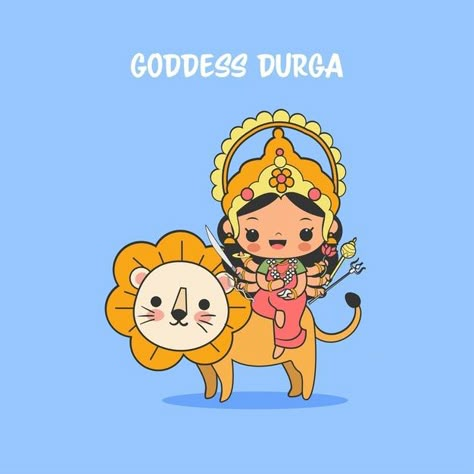 Cute goddess durga with lion cartoon for... | Premium Vector #Freepik #vector #background #celebration #happy #india Durga Maa Cartoon Images, Cute God Images, Goddess Durga Sketch, Cute Durga Maa, Goddess Durga Art, Durga With Lion, Lion Cartoon, Navratri Festival, Durga Painting