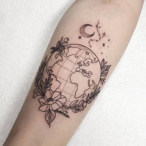 Clarence Street Tattoo on Instagram: “By @jherellejaytattoo . • • #tattoo #tattoos #ladytattooers #flower #floral #design #blackwork #feminine #tattooedgirls #femaletattooist…” World Map Tattoos, Globe Tattoos, Earth Tattoo, Street Tattoo, Map Tattoos, Inspiration Tattoos, Original Tattoos, World Tattoo, Simplistic Tattoos