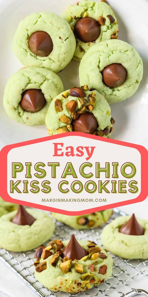 These easy pistachio kiss cookies are a fun variation on the classic peanut butter blossoms. They're made with pistachio pudding and your favorite variety of Hershey Kiss (I like milk chocolate!), making them a delicious option for holiday gatherings or year-round fun. Pistachio Finger Cookies, Pistachio Kiss Cookies, Christmas Cookies Hershey Kiss, Grinch Kiss Blossoms, Pistachio Pudding Mix Recipes, Hershey Kiss Cookies Recipe Christmas, Cookies With Pistachios, Jello Spritz Cookie Recipe, Pistachio Sugar Cookies