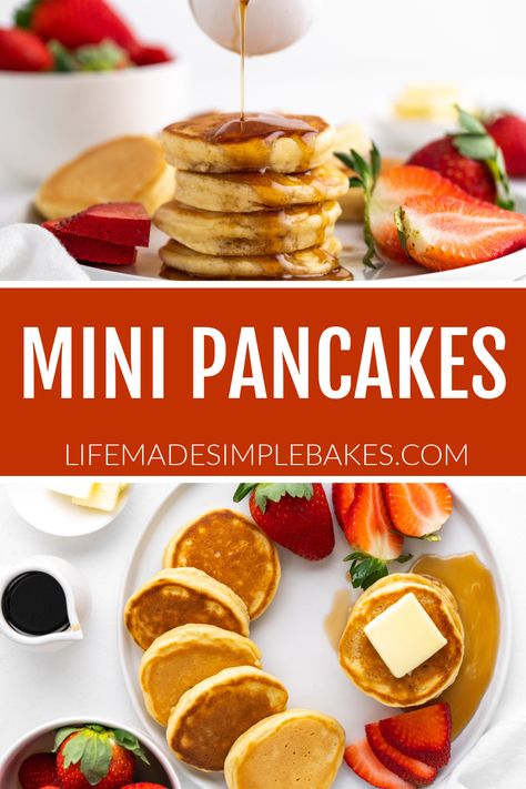 Light, fluffy, and oh so tiny! These mini pancakes are sweet, melt in your mouth, and take less than 30 minutes to whip up! Baked Pancakes Oven, Mini Pancakes Recipe, Easy Bake Oven Recipes, Banana Bread Pancakes, Crisp Recipes, Pancake Batter Dispenser, Homemade Pancake Recipe, Pancake Calories, High Protein Smoothies