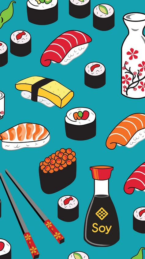 Sushi is delicious, what else is there to say? Anime Sushi Aesthetic, Sushi Cartoon Wallpaper, Sushi Wallpaper Iphone, Sushi Aesthetic Art, Sushi Wallpaper Aesthetic, Sushi Aesthetic Wallpaper, Cute Sushi Wallpaper, Sushi Wallpaper, Food Wallpaper Aesthetic