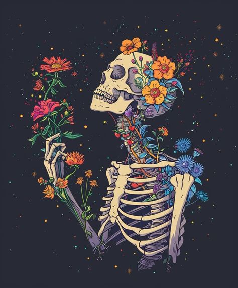 Eyes In Flowers, Skeleton Holding Flowers, Calaveras Aesthetic, Skull Flower Art, Stuffed Pumpkin, Skeleton Flower, Skeleton Love, Inspirational Digital Art, Skeleton Drawings